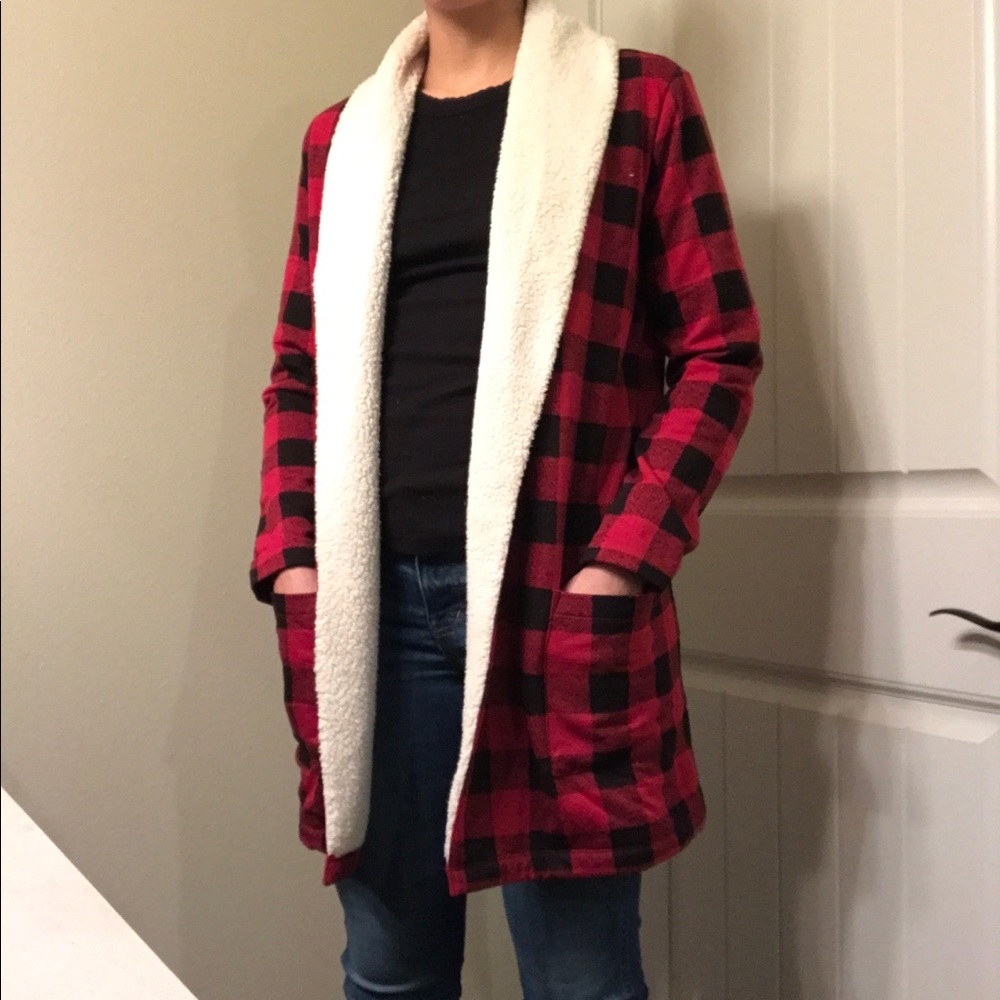Eddie Bauer buffalo check shawl collar fleece cardigan